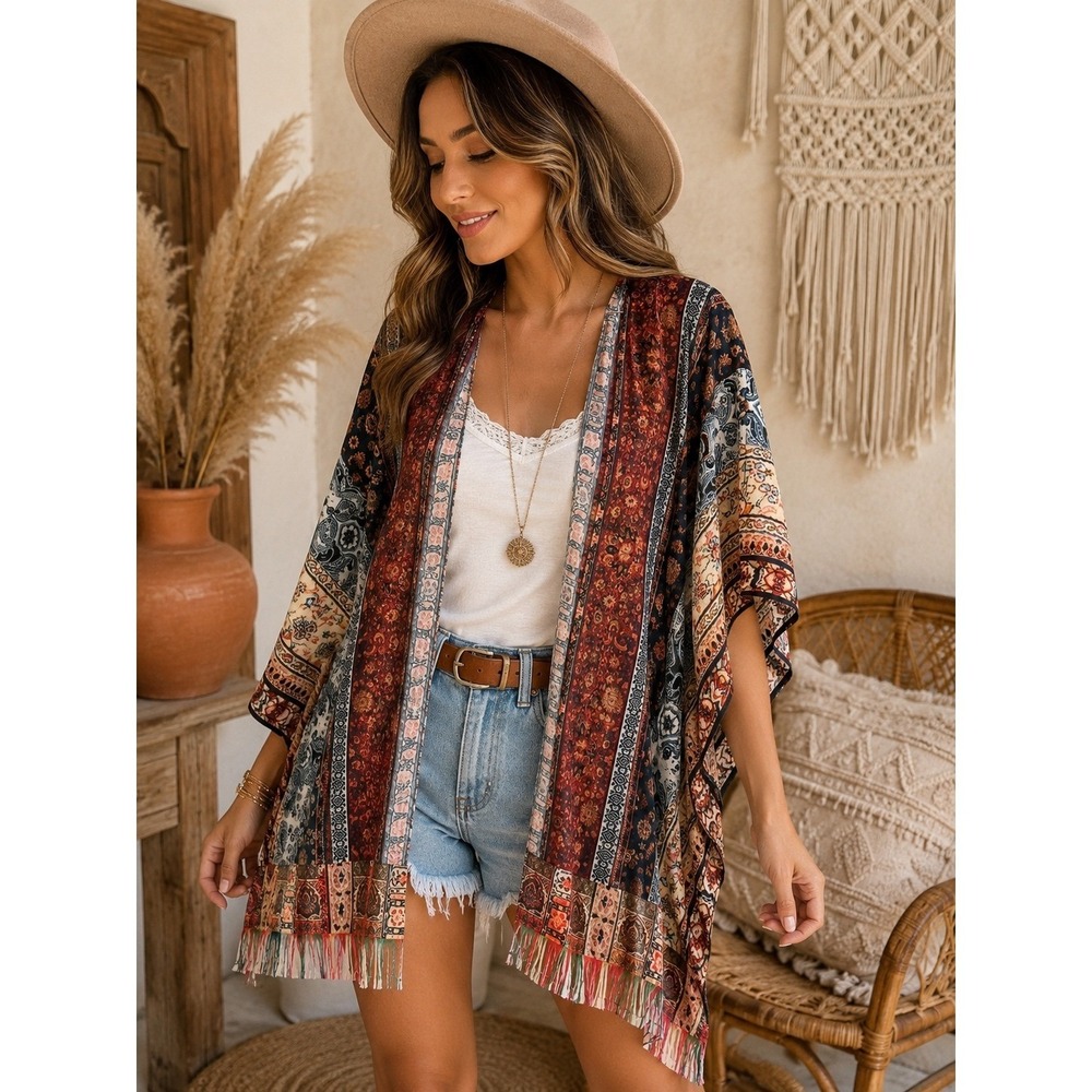 Boho Paisley Hippie Patchwork Open Front Kimono Cardigan OS Soft Surroundings